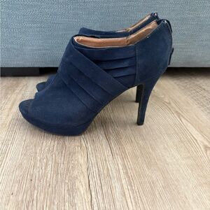 Suede Navy Peep-Toe High Heel Booties - Women